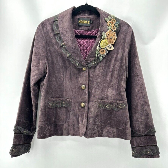 Vintage Adore Velvet Blazer Brown Sz S Iridescent 3D Lace Whimsygoth Steampunk - Picture 1 of 11